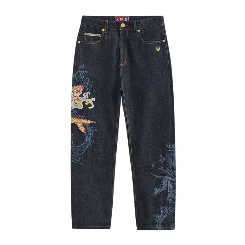 ONIARAI/鬼洗24秋冬新泥棒蓝金银鸿运鲤红布边男式牛仔裤 24N5403