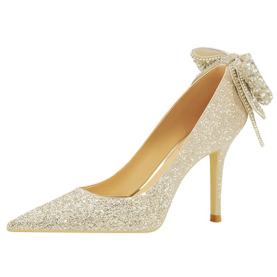 水晶婚鞋女金色高跟两穿新娘鞋