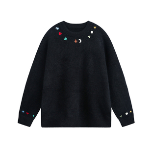 NEVERNEED刺绣圆领毛衣男女秋季美式复古马海毛短款套头针织衫潮