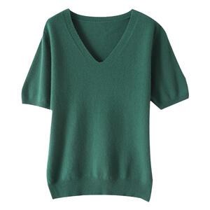 羊绒衫女V领春夏新款纯色短款毛衣短袖内搭大码羊毛衫针织打底衫