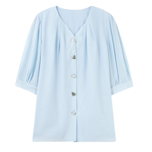 秋水伊人法式优雅V领衬衫2026夏季新款女装气质通勤百搭中袖上衣