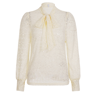 FUNOFF法式复古米黄色蕾丝绑带长袖内搭衬衫2025春宫廷风宽松上衣