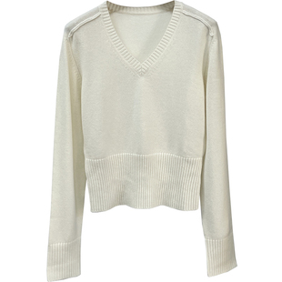 100绵羊毛高克重LP慵懒风V领针织衫女长袖显瘦休闲打底衫毛衣上衣