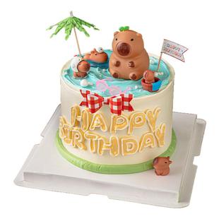 网红生日蛋糕装饰可爱卡通卡皮巴拉发光灯摸鱼洗澡豚烘焙装扮摆件