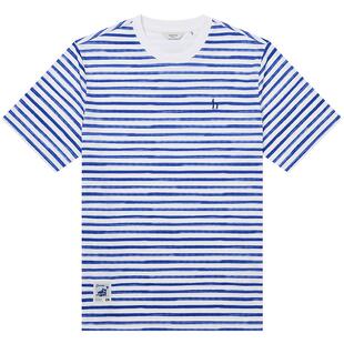 HAZZYS哈吉斯男装夏季休闲通勤横条纹短袖圆领T恤海岛图案上衣