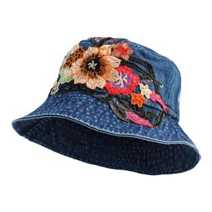 春夏季女时尚民族风刺绣牛仔布渔夫帽户外遮阳防晒旅游街头盆帽子