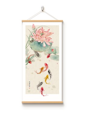 聚财九鱼图荷花装饰画免打孔安装