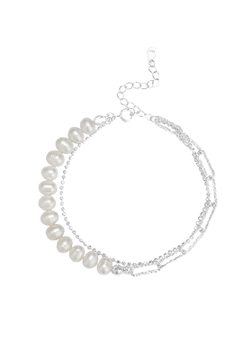 铜镀银珍珠拼接方块链双层手链女