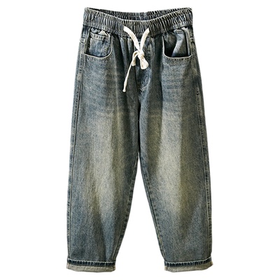 复古水洗做旧牛仔裤男宽松松紧腰