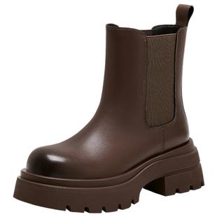 星期六切尔西女靴2025新款秋季烟筒短靴厚底增高英伦粗跟马丁靴直