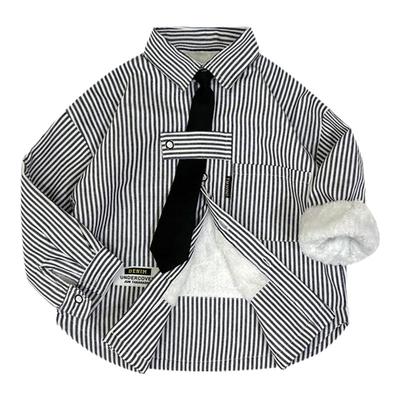 儿童加绒加厚长袖衬衫条纹衬衣潮