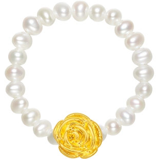 周六福黄金珍珠戒指女5d硬金玫瑰花弹力绳女戒黄金镶嵌妇女节礼物