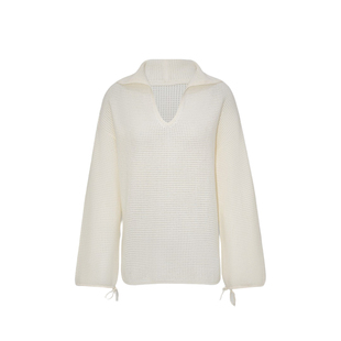 嫚渡|100%山羊绒针织V领长袖宽松套头短款白色山羊绒衫