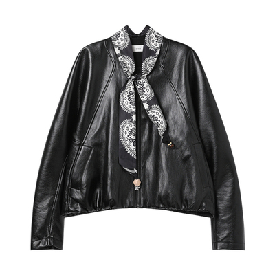 西町村屋气质感皮衣女2026春新款蝙蝠袖短款外套含丝巾XXBA10057