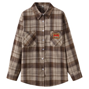 DDXZ夕子 自制韩系复古风栗棕色格子贴标长袖衬衫百搭宽松外套