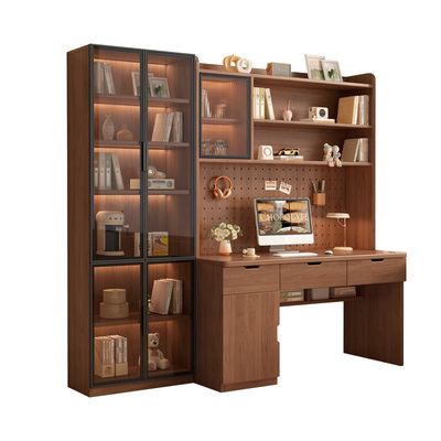 实木书桌学生家用学习写字桌卧室书桌书架一体带书柜抽屉电脑桌子