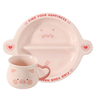 川岛屋&lulu猪联名 可爱儿童早餐分格盘子家用陶瓷一人食早餐套装