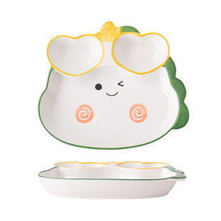 釉下彩卡通儿童陶瓷饺子盘分格减脂盘学生可爱水饺盘带醋碟分隔盘