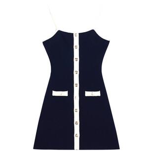 Maje2025春夏女装法式时尚撞色单排扣装饰无袖短款吊带针织连衣裙