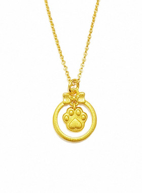 猫爪脚印蝴蝶结项链 女纯银镀18K黄金色猫咪锁骨链手串可爱甜美潮