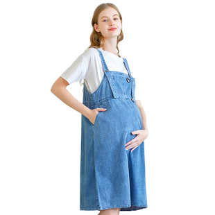 美国费雪孕妇装夏季大码孕妇背带裙外出牛仔裙气质孕妇连衣裙套装