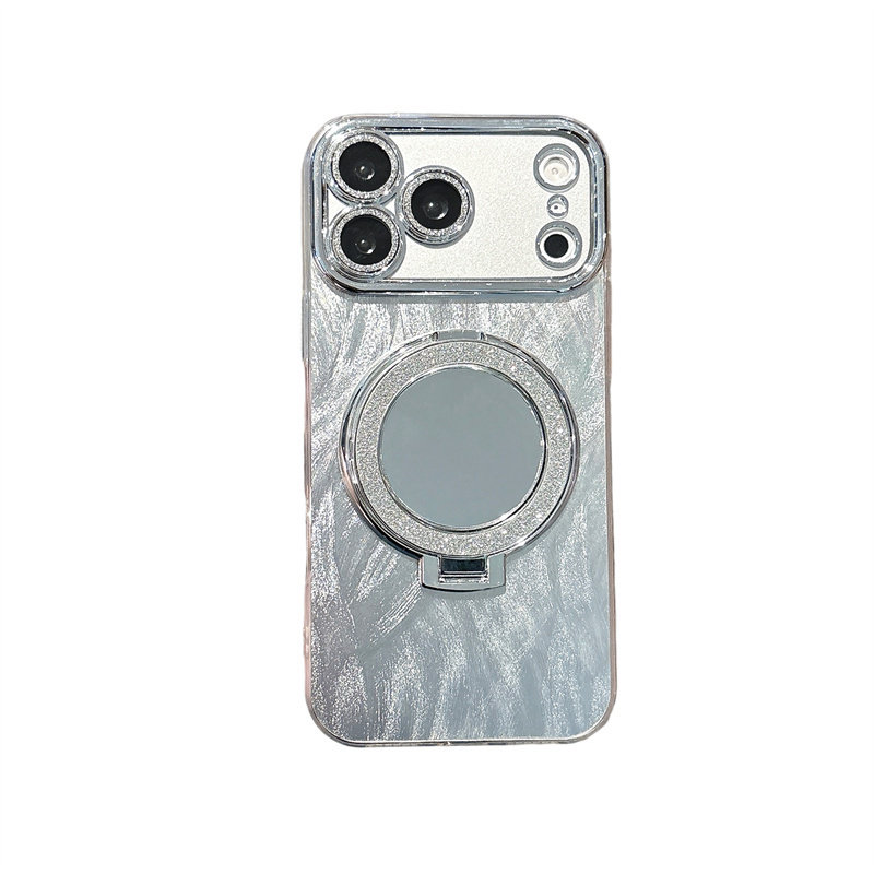 闪粉支架自拍小镜子适用于iphone16手机壳17proMAX羽纱毛条纹苹果15镜面保护套13电镀镜头带膜14plus高