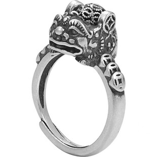 道家招财复古铜镀s990泰银铜钱可转动貔貅戒指开口可调节招财指环