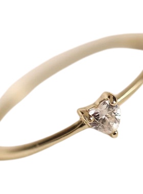 925纯银戒指女镀14k金简约桃心爱心心形单钻钻石极细尾戒闭口叠戴