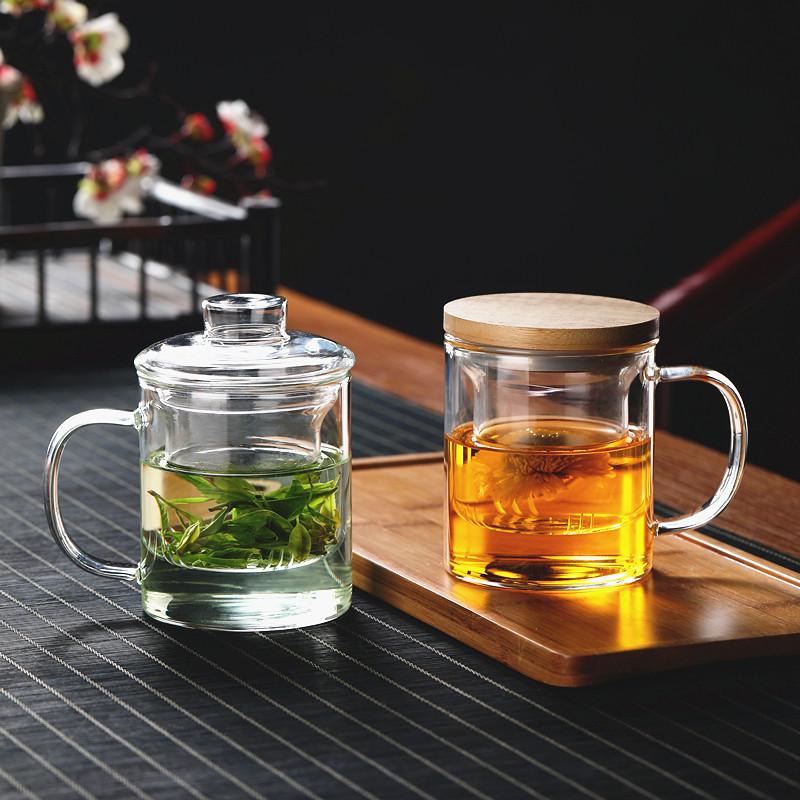 玻璃泡茶杯水杯加厚耐高温茶水分离杯子家用带把带盖办公室花茶杯