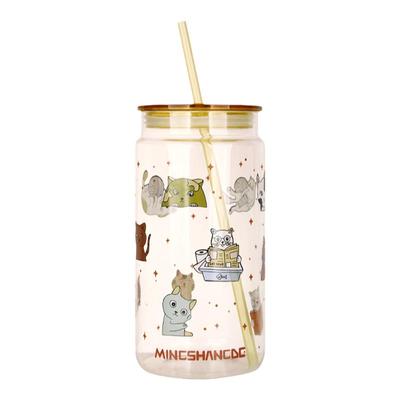 高硼硅玻璃可爱卡通带盖带吸管