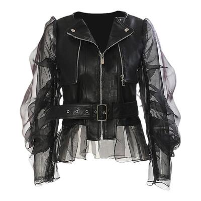 网纱拼接女式机车皮衣夹克