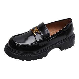 牛皮版~厚底乐福鞋英伦风小皮鞋女粗跟增高鞋黑色一脚蹬真皮单鞋