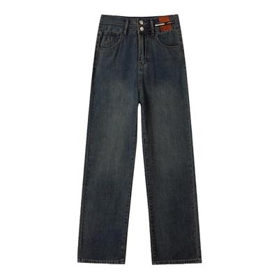 拉夏贝尔复古加绒窄版阔腿牛仔裤