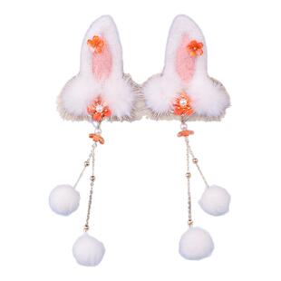 冬季毛球古风发夹兔耳朵花朵毛绒对夹流苏猫耳朵头饰女童汉服发饰
