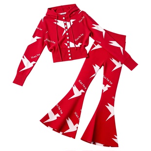 原创衣服红色白鹤印花毛衣套装女童童装2026针织衫上衣衣服冬新款