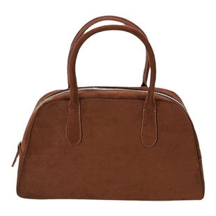 定制款~棕色麂皮绒波士顿包女秋冬复古保龄球包大容量包包手提包