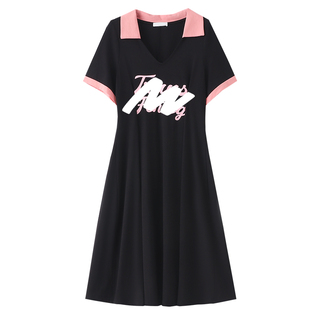 300斤胖mm韩系少女感减龄字母撞色显瘦短裙A字版休闲短袖连衣裙