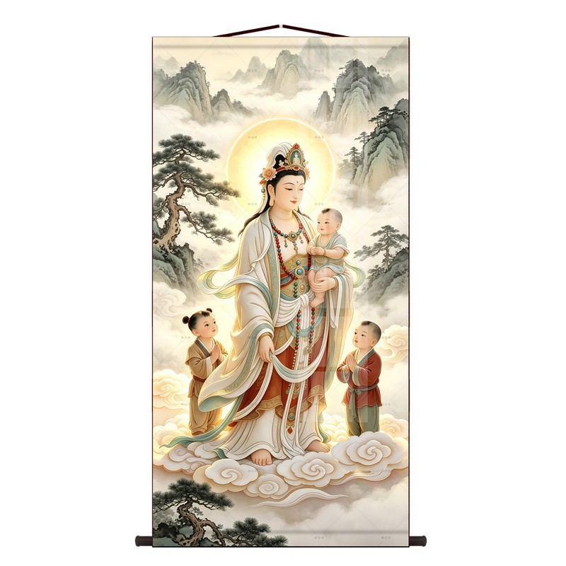 观世音菩萨画像挂画送子观音年画观音赐福送子求子客厅丝绸卷轴画