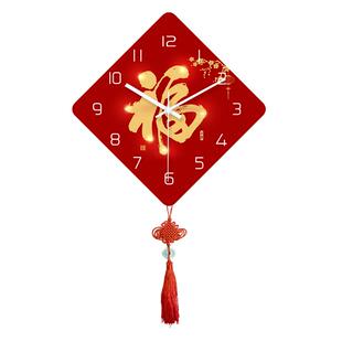 新款福气挂钟新中式免打孔家用时尚静音中国风钟表挂墙时钟中国结