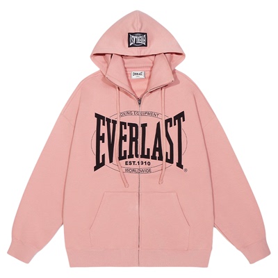 美国EVERLAST拳击美式运动连帽卫衣男女重磅纯棉落肩粉色开衫外套