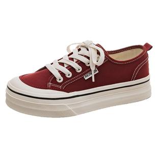 人本帆布鞋女2025新款春秋季红色鞋子厚底增高软底不累脚休闲板鞋