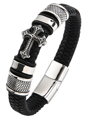 王嘉尔痞帅黑武士十字架皮手环