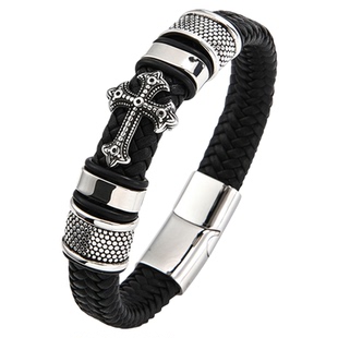 王嘉尔痞帅黑武士十字架真皮手环男谢霆锋高级感霸气编织潮牌手链