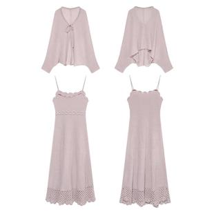 贰羊设计【云山晓】慵懒软糯针织开衫+独特镂空连衣裙气质感套装