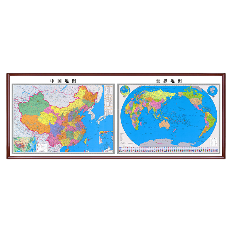 2025新版高清中国世界地图挂图办公室背景墙带框大尺寸地图装饰画