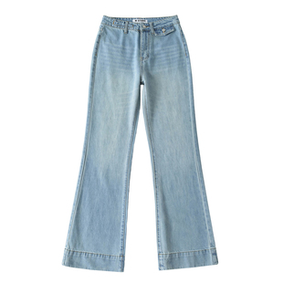 美式复古水洗做旧口袋设计宽边裤脚微喇牛仔裤中高腰拖地裤长裤女