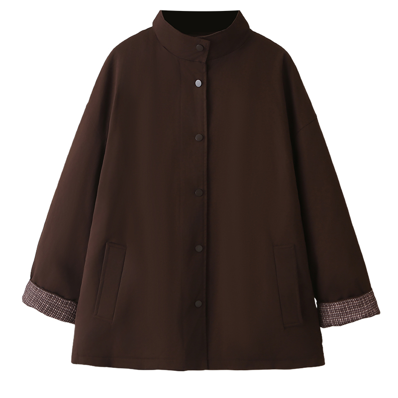 大码女装秋冬新款外套200斤胖MM纯色格子拼接复古加厚夹克棉衣