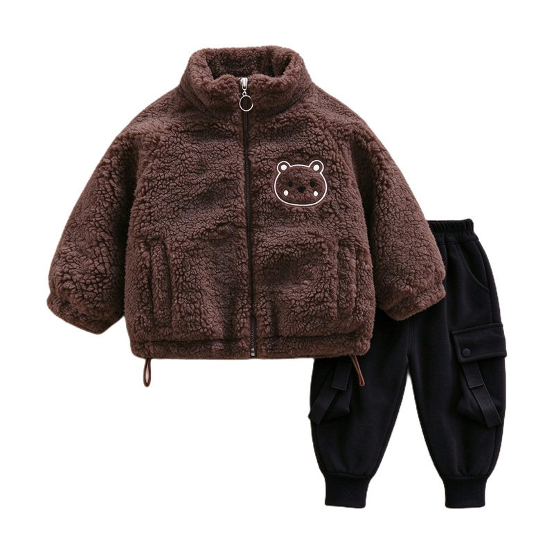 男宝宝冬装加绒小熊棉服套装