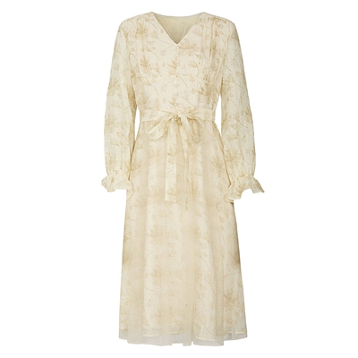 sdeerV领印花收腰压褶网纱连衣裙