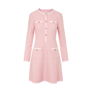 莱茵福莱尔2025秋冬新款轻奢高级感长袖钻扣法式粉色针织连衣裙女